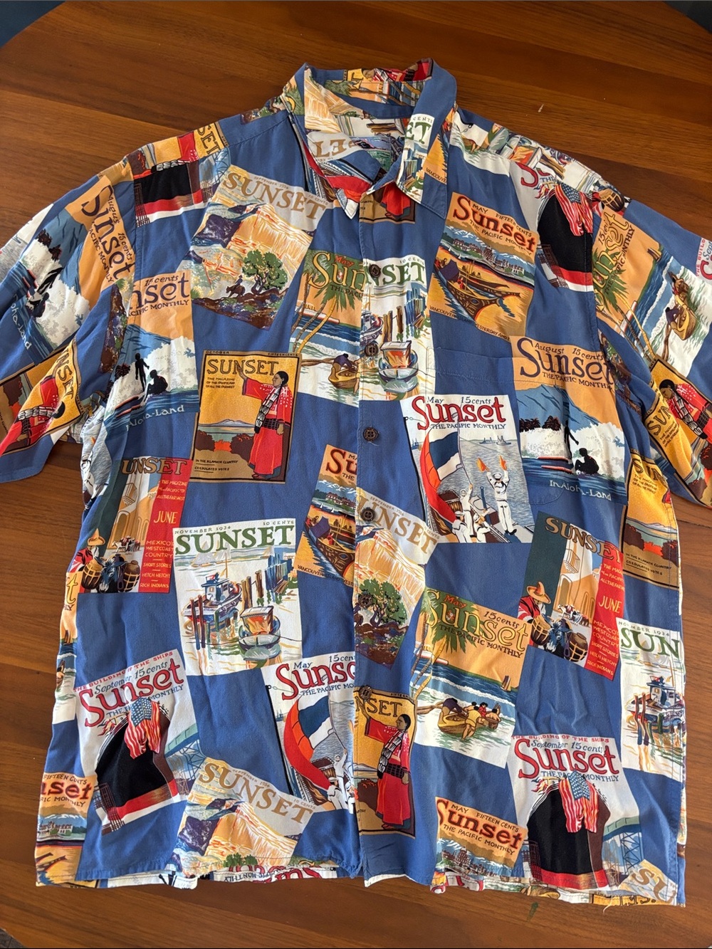 reyn spooner Blue Multi Sunset Patchwork Button-Down Shirt, size large